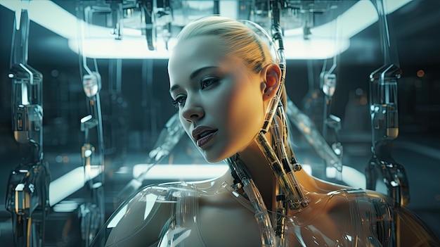 Photo woman with connected artificial intelligence machine