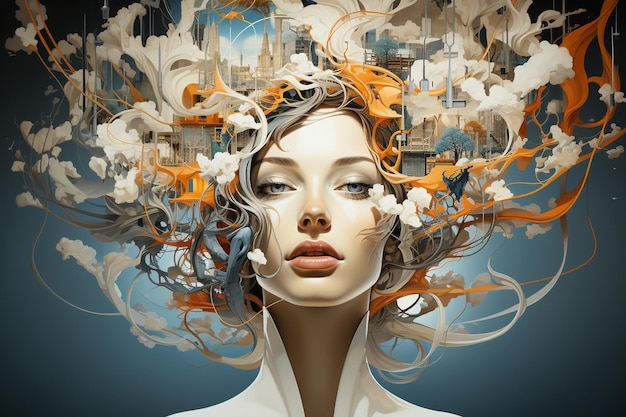 Woman with creative mind exploding brain full of ideas imagination dreams and emotion inner world