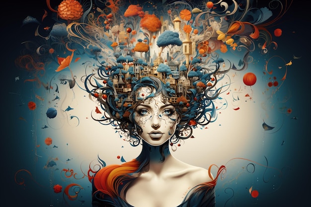 Woman with creative mindexploding brain full of ideas and imagination dream and emotion inner world