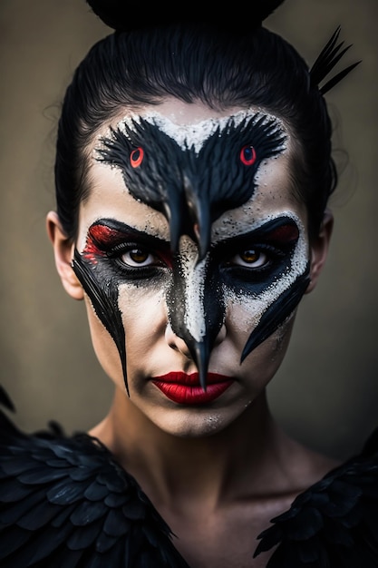 A woman with a crow face and black feathers