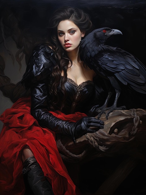 a woman with a crow on her shoulder sits in front of a black bird.