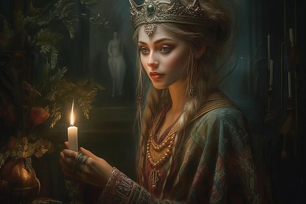 A woman with a crown and a candle