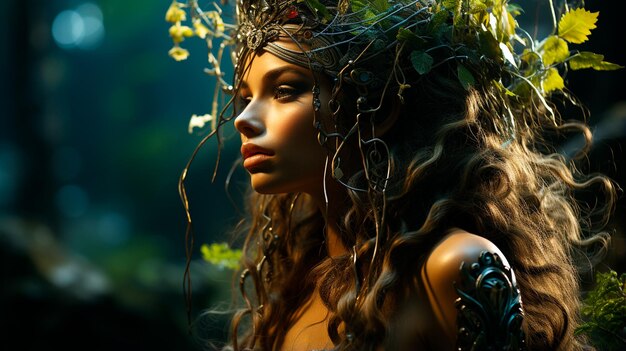 a woman with a crown of flowers on her head