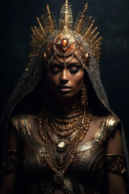 A woman with a crown and gold jewelry