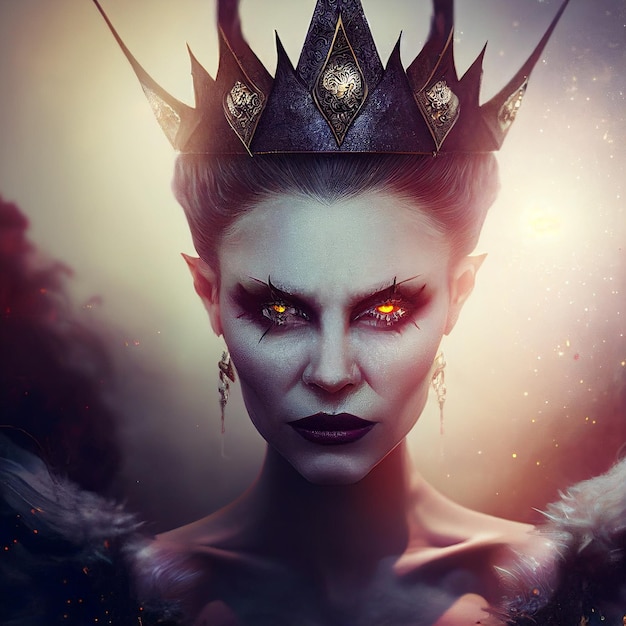 A woman with a crown on her head and a glowing eye.