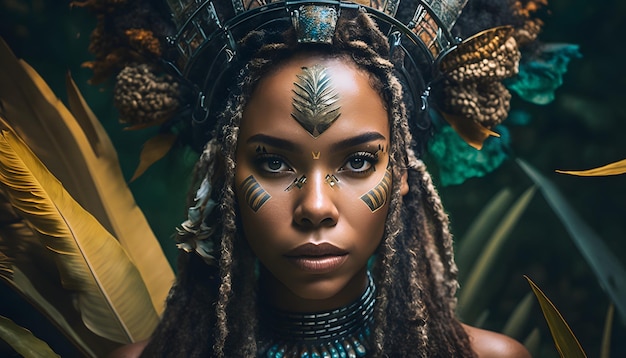 A woman with a crown on her head and a headband with the word black on it.