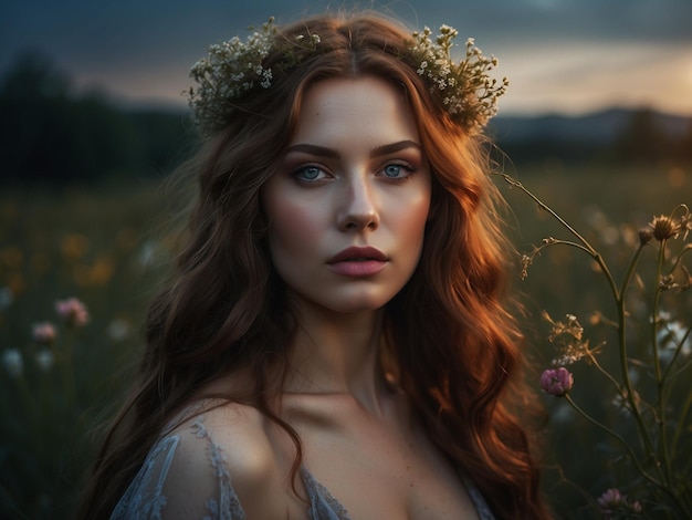 a woman with a crown on her head is standing in a field with a flower in her hair