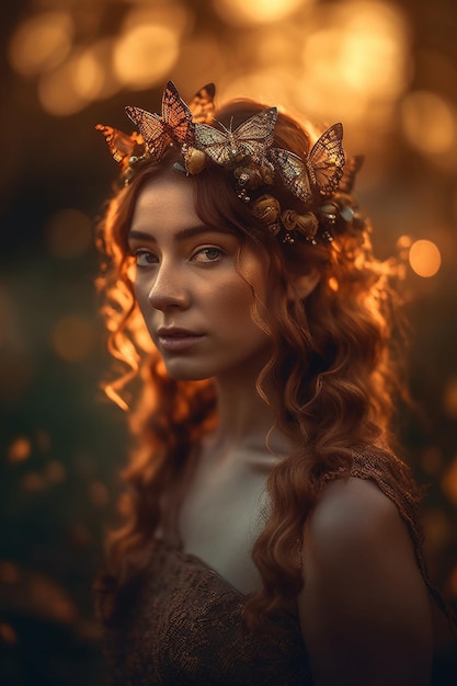 A woman with a crown made of butterflies