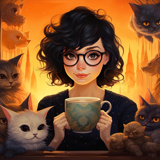 Photo a woman with a cup of coffee and her cats