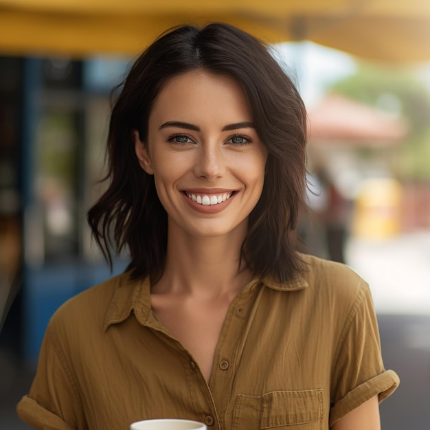 手にコーヒーカップを持つ女性