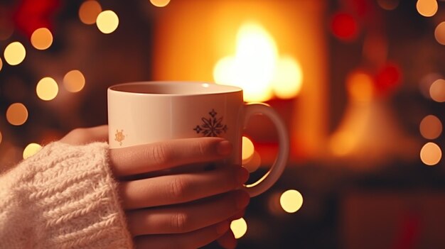 Photo woman with a cup of drink near the fireplace at home closeup generative ai