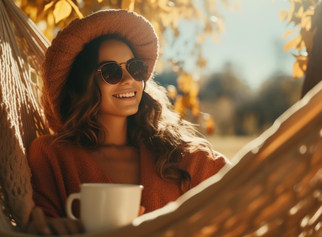 a woman with cup in a hammock enjoying tea in outdoor natural environment