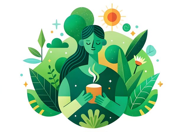 Photo woman with a cup of tea in a circle of green leaves