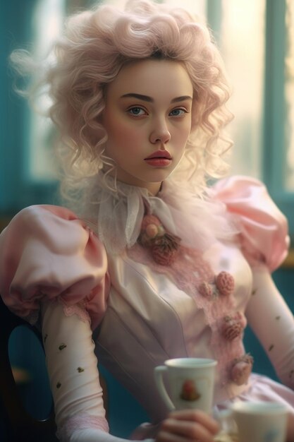 A woman with a cup of tea in her hair