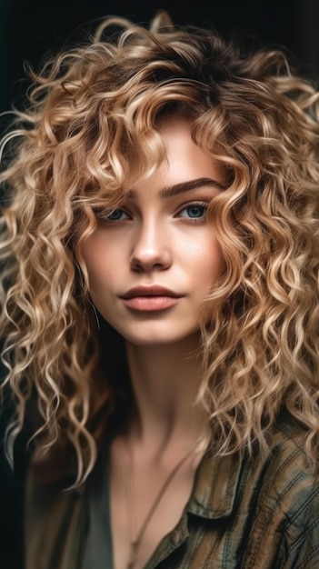 A woman with curly blonde hair is looking at the camera.