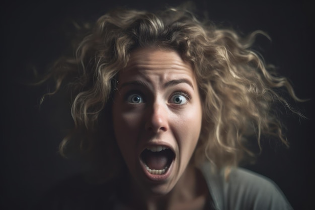 A woman with curly blonde hair is looking at the camera.