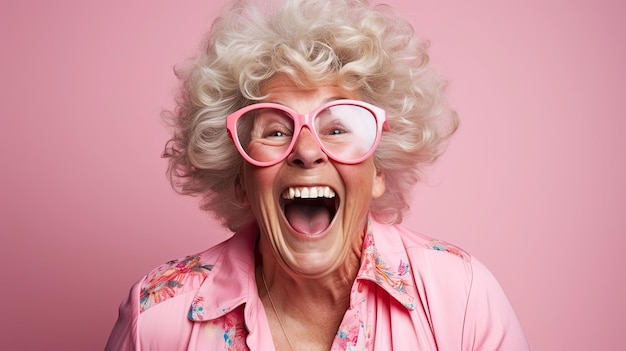 a woman with curly blonde hair and pink glasses laughing