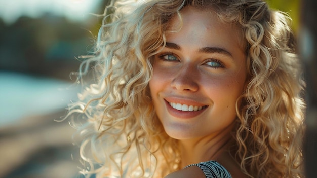 a woman with curly blonde hair smiling