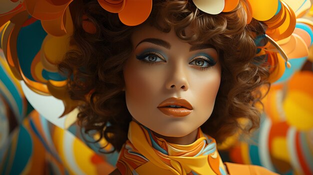 Женщина с вьющимися каштановыми волосами и оранжево-желтым макияжем.