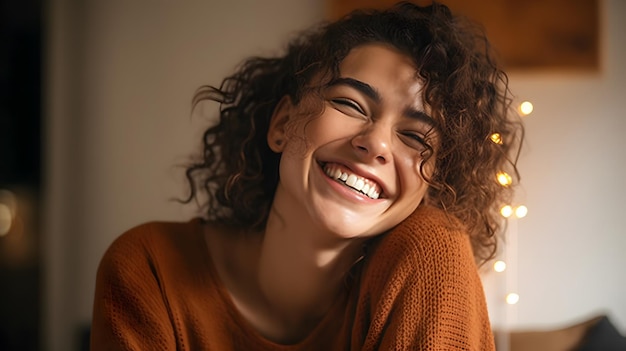 A woman with curly brown hair smiles and smiles.