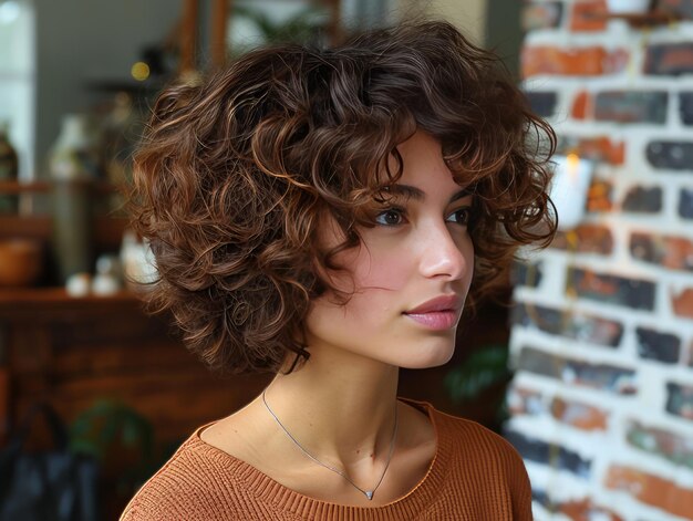 Foto una donna con i capelli castani ricci in piedi davanti a un muro di mattoni