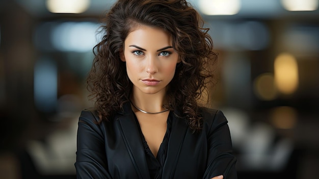 a woman with curly brown hair wearing a black jacket