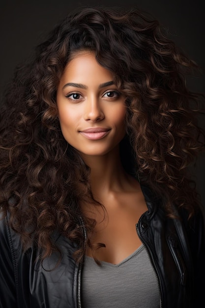 a woman with curly hair and a black jacket