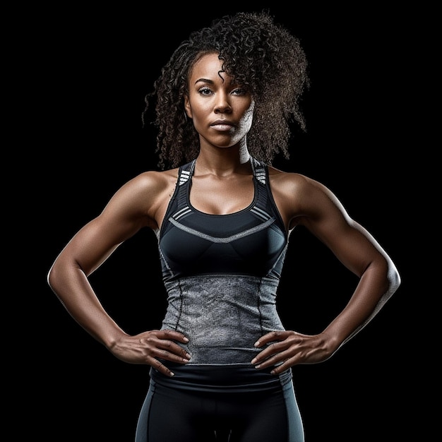 A woman with curly hair and a black top that says " i'm a gym ".