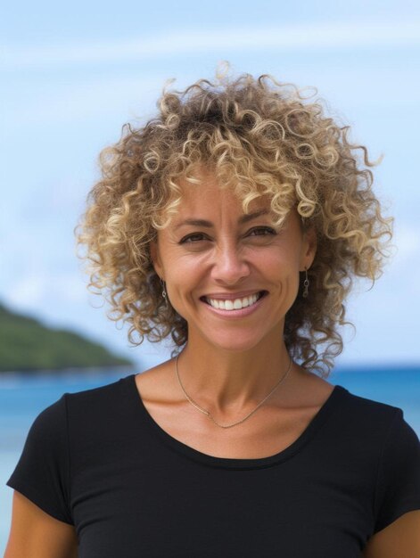 a woman with curly hair and a black top with a white smile