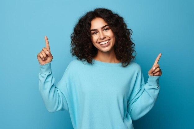 a woman with curly hair and a blue background