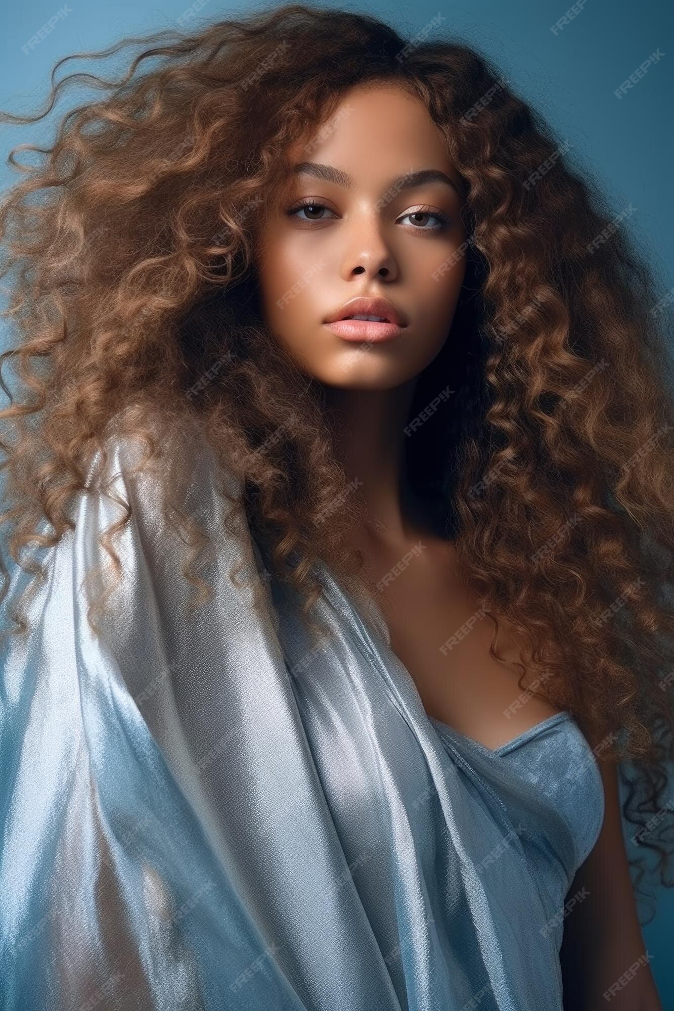 Premium Ai Image A Woman With Curly Hair And Blue Dress 