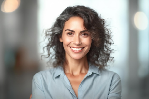 A woman with curly hair and a blue shirt smiles for the camera.