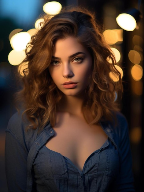 a woman with curly hair and a blue shirt stands in front of a window with the lights behind her.