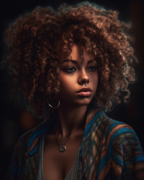 A woman with curly hair and a blue shirt with a gold pendant.