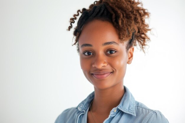 Woman With Curly Hair and Blue Shirt