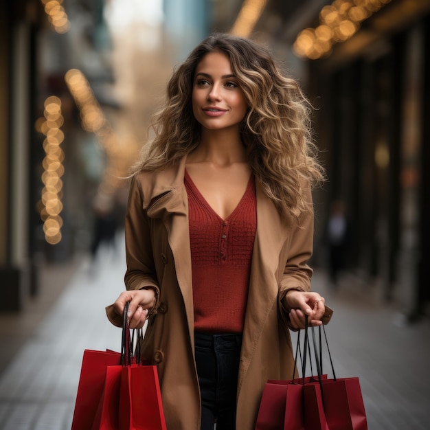 a woman with curly hair carries red shopping bags.