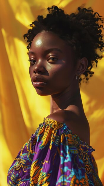 a woman with curly hair and a colorful dress