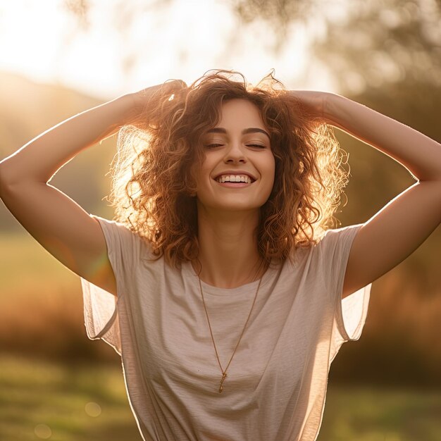 Foto a woman with curly hair covering her eyes and the sun behind her head