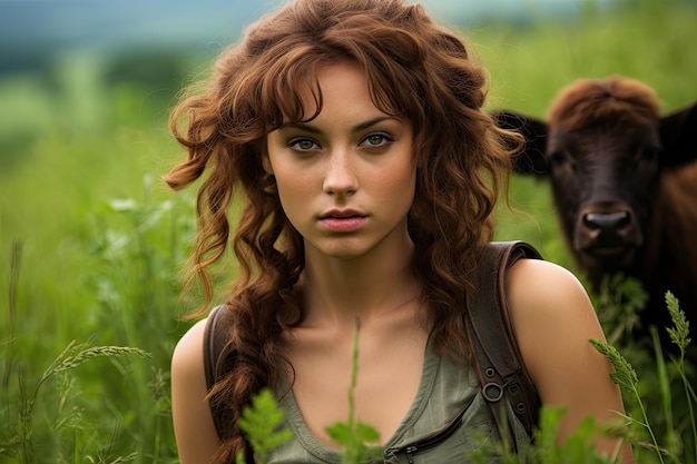 a woman with curly hair and a cow in a field