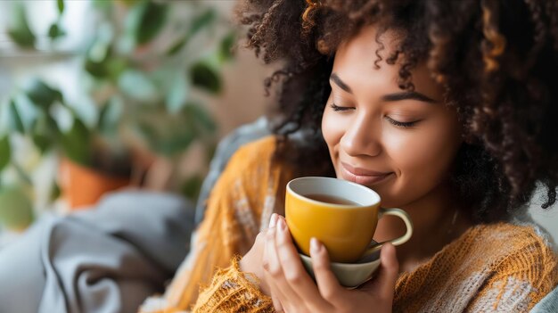 Photo a woman with curly hair drinking tea