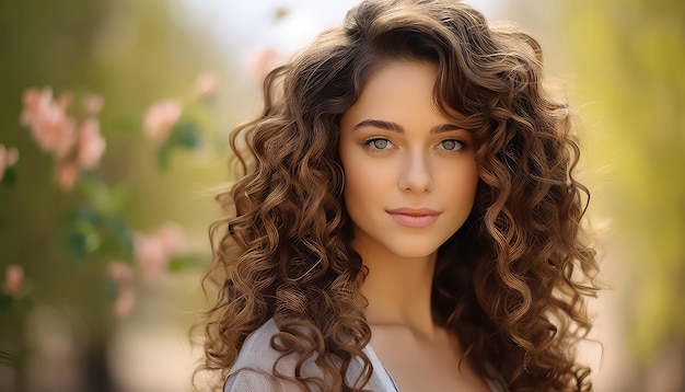 Woman with curly hair in garden near flowering tree in spring March 8 World Womens Day