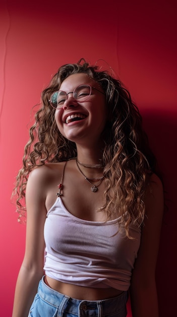 A woman with curly hair and glasses is smiling