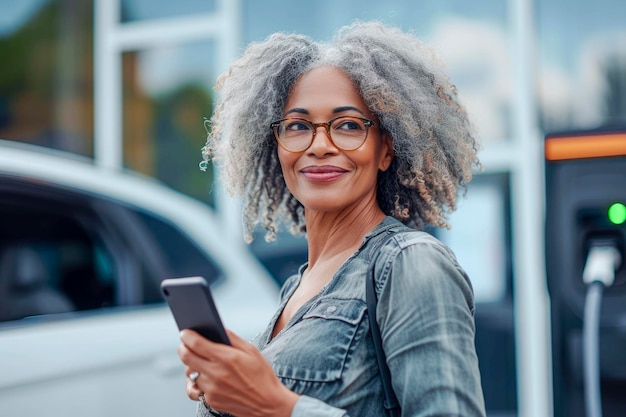 A woman with curly hair and glasses is standing next to a car