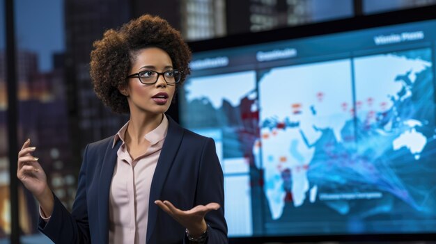 비즈니스 프레젠테이션 또는 분석을 하는 화면에 있는 데이터 차트를 가리키는 곱슬머리와 안경을 입은 여성