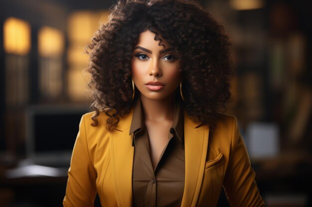 Woman with curly hair and gold jacket is standing in front of desk She is wearing gold earrings and gold necklace