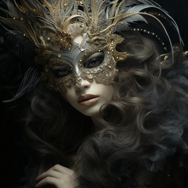 Woman with curly hair behind a golden silver mask with feathers Ai Artificial Intelligence technolog