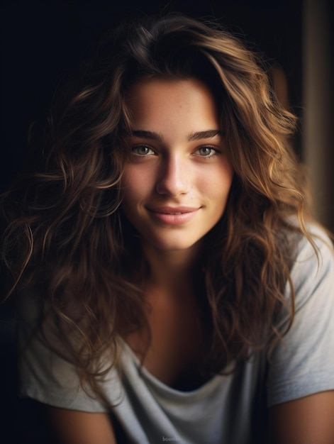 A woman with curly hair and a gray shirt is sitting in front of a window.