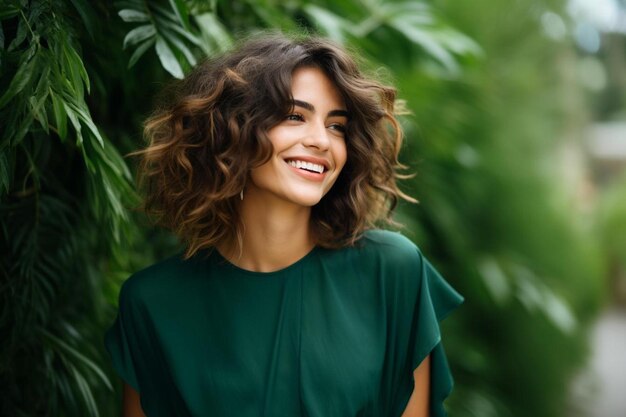 Photo a woman with curly hair and a green dress