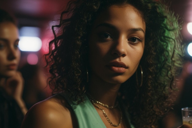 Photo a woman with curly hair and a green tank top