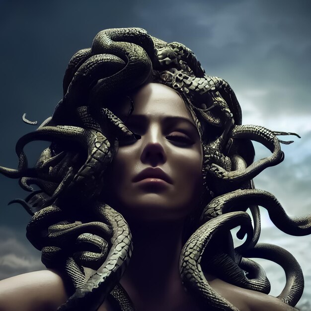 Foto una donna con i capelli ricci e una testa con serpenti su di essa